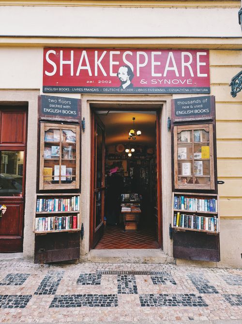 Free Front view of the iconic Shakespeare bookstore in Prague, offering a vast collection of English books. Stock Photo