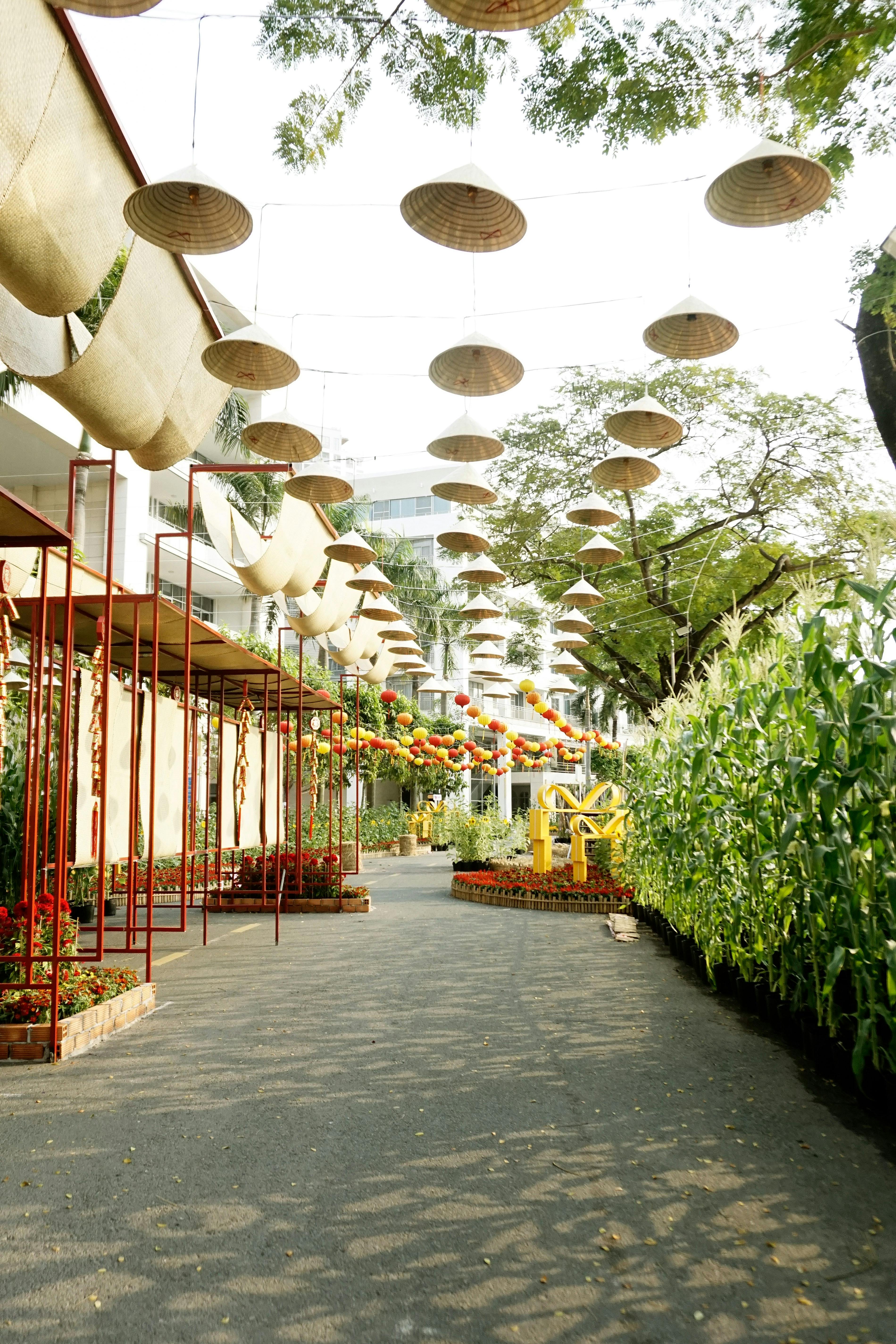 ingyenes Élénk szabadtéri piac sétánya, melyet függő lámpások és növények díszítenek, ünnepi hangulatot teremtve. Stockfotó