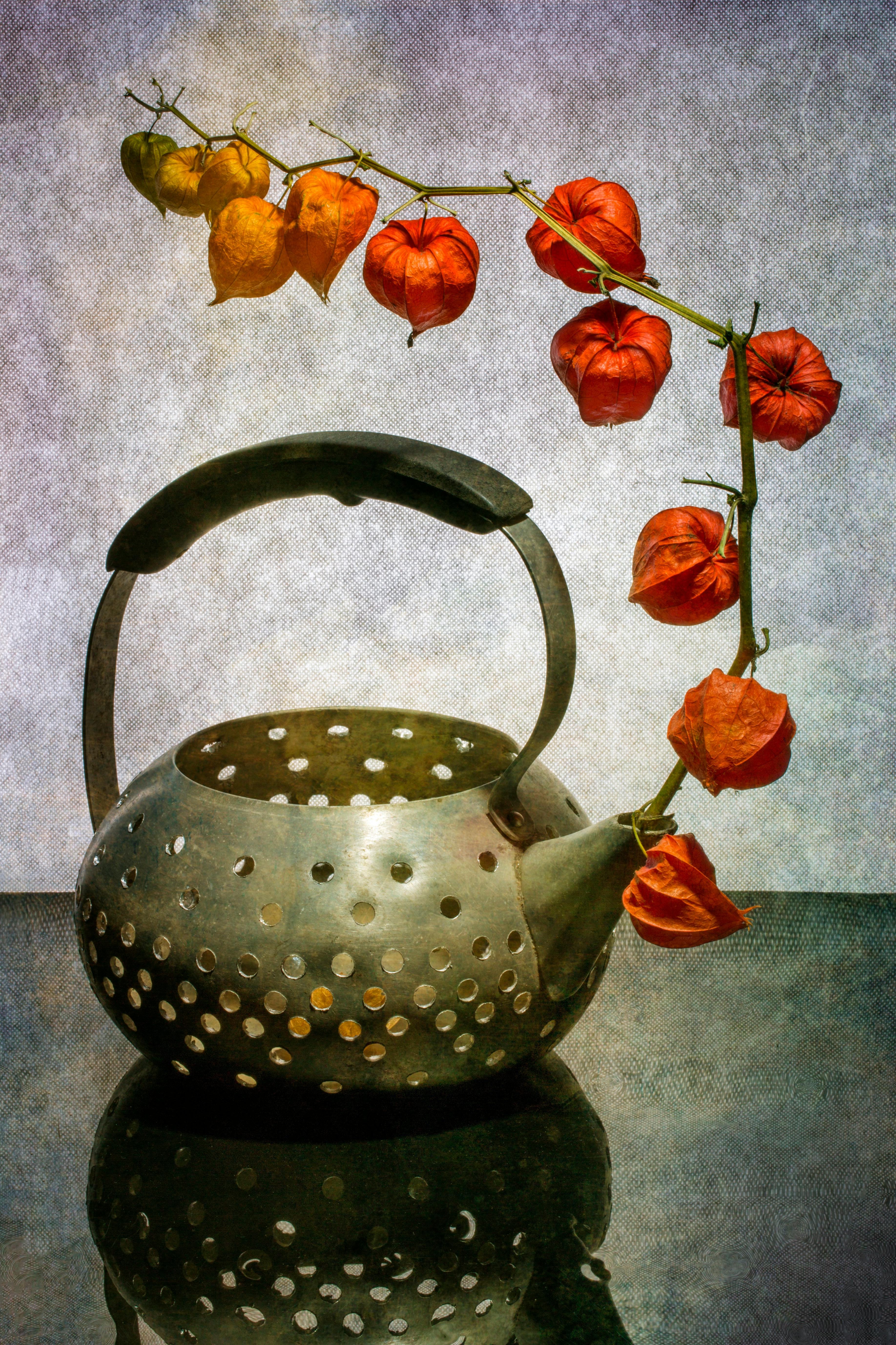 Δωρεάν Μια δημιουργική σύνθεση με μια vintage τσαγιέρα και ζωηρά λουλούδια φυσαλίδας. Φωτογραφία από στοκ φωτογραφιών