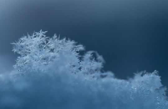 Detailed macro shot capturing the intricate patterns of snowflakes on a cold ice surface.
