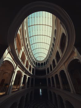 Sunlit atrium of a neo-classical building with a stunning skylight dome.