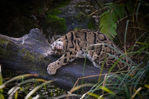 A clouded leopard lounging on a moss-covered log amidst forest vegetation, showcasing its unique spotted coat.