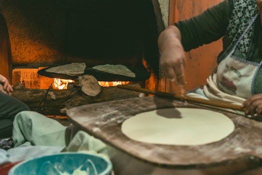 A warm scene of Turkish bread making in a traditional oven, captured indoors.