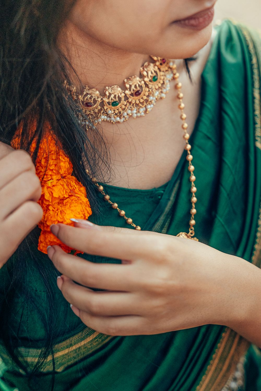 Elegant Portrait of Woman in Green Saree with Gold Jewelry · Free Stock ...