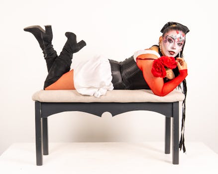 A striking portrait of a model with harlequin makeup, red sleeves, and black corset in Mexico City.