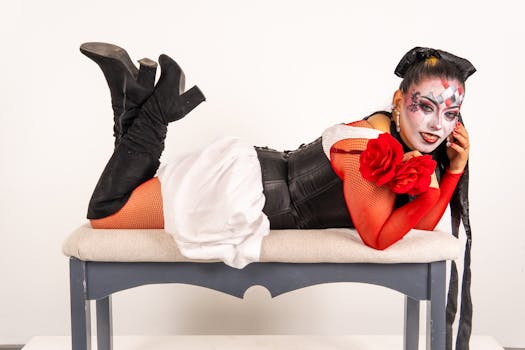 A model in a harlequin costume with bold makeup and floral accents poses indoors.