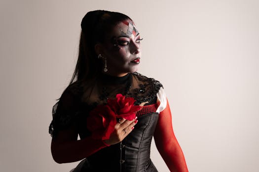 A woman in harlequin makeup poses with a red rose, wearing a black corset and net sleeves.