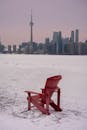 Lonely Red Chair on Snowy Toronto Waterfront