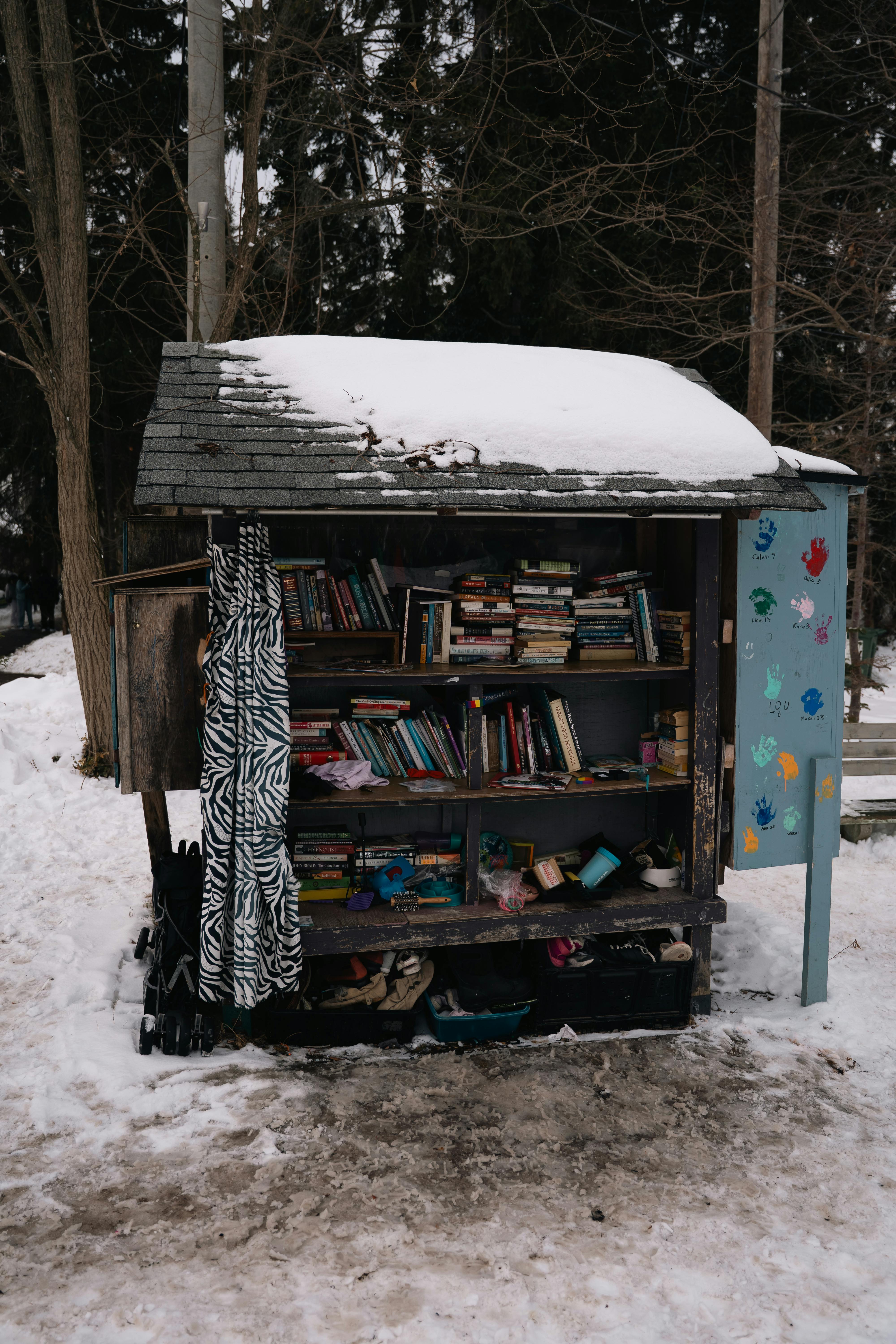 A small, snow-covered outdoor community library filled with books and colorful art.