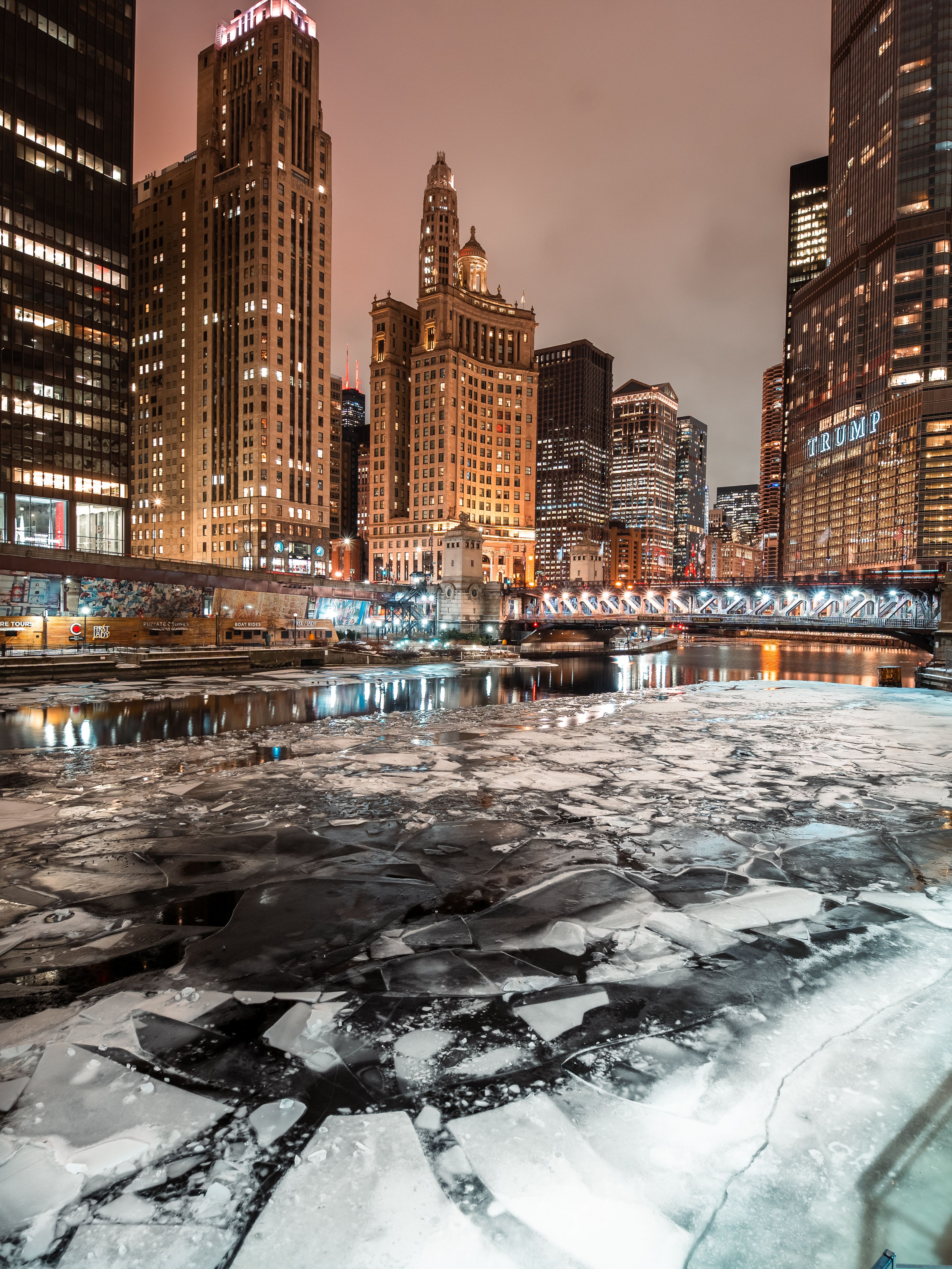 Chicago frozen river with illuminated skyline · Free Stock Photo