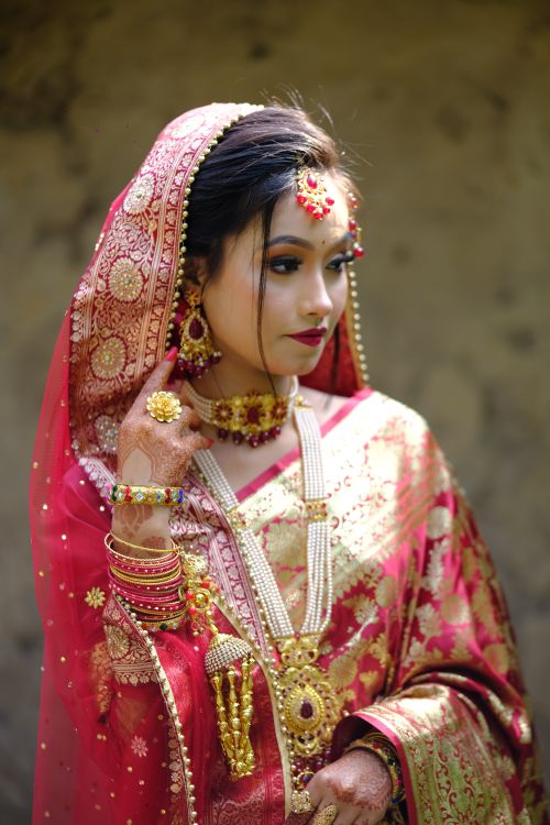 Free Portrait of a South Asian bride in traditional red and gold attire, exuding elegance and cultural richness. Stock Photo