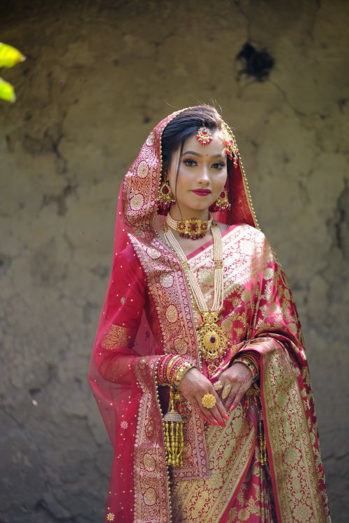 Free A beautiful bride in traditional red and gold Indian saree posing outdoors. Stock Photo