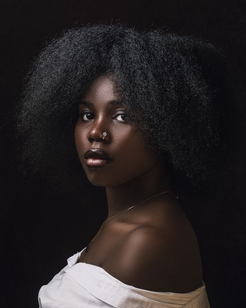 Free Striking portrait of an adult woman with natural black hair, taken in a classic style with high contrast lighting. Stock Photo