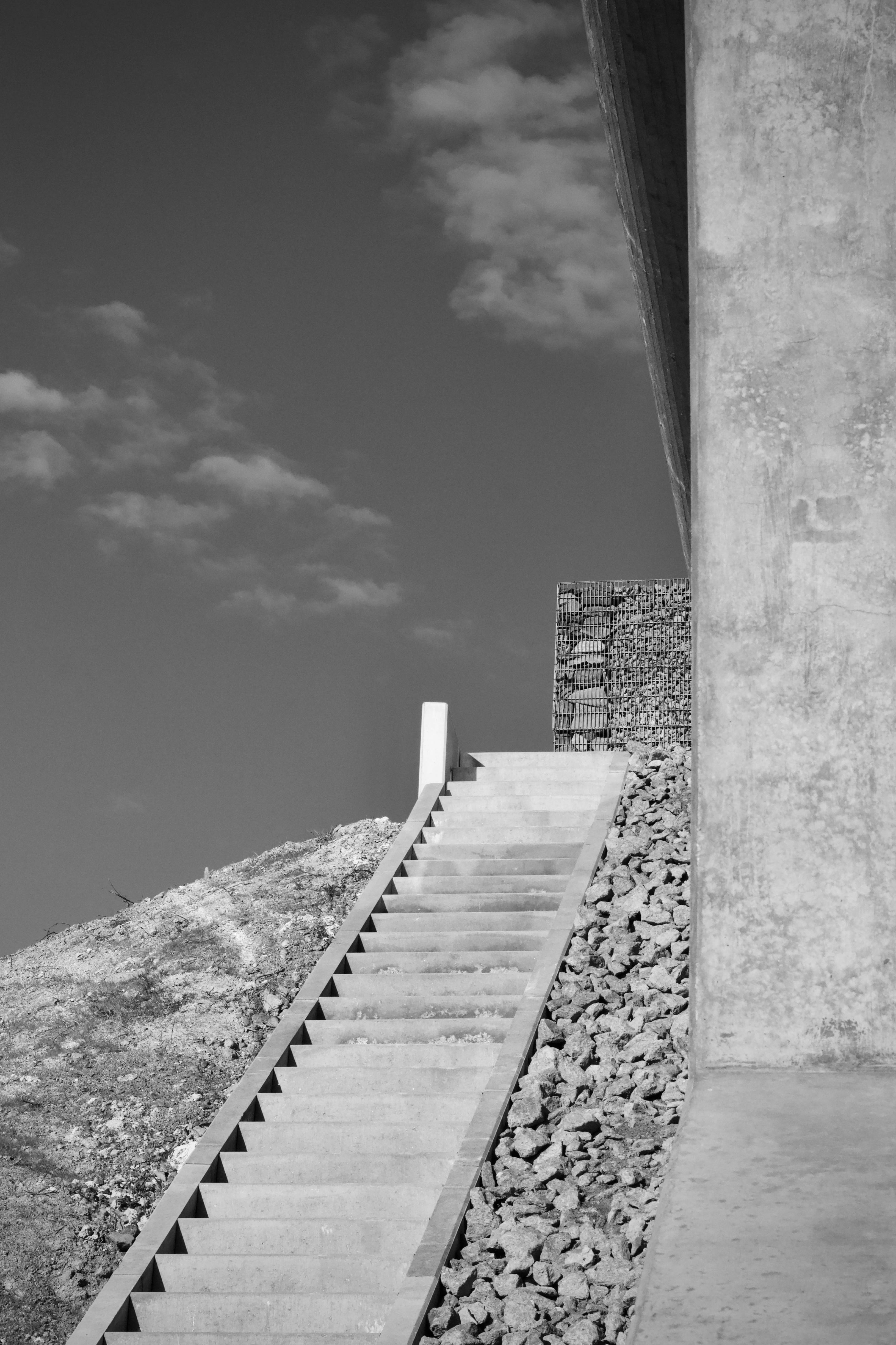 Ücretsiz Minimalist mimari içinde yer alan zarif beton merdiven, sanatsal bir etki yaratmak amacıyla siyah beyaz olarak fotoğraflanmış. Stok Fotoğraflar