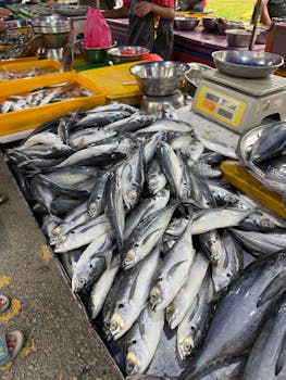 Piles of fresh fish at a vibrant outdoor market in Kuala Lumpur, Malaysia.