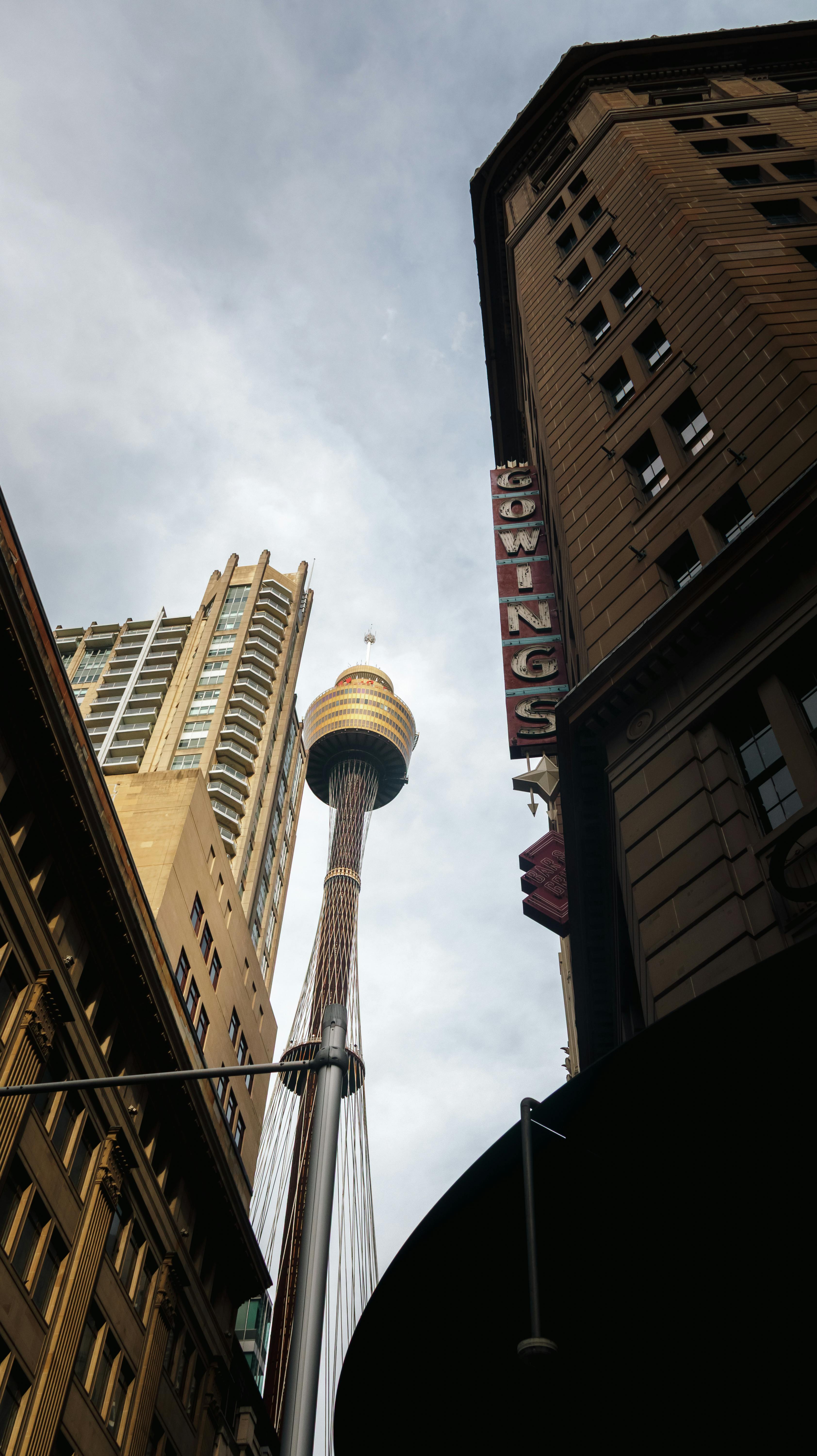 무료 도심 건물들 사이로 우뚝 솟은 시드니 타워의 인상적인 모습은 시드니의 다양한 건축 양식이 조화롭게 어우러진 모습을 보여줍니다. 스톡 사진