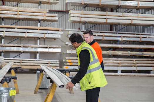 Two workers inspecting materials in a warehouse, focusing on quality control and inventory management.