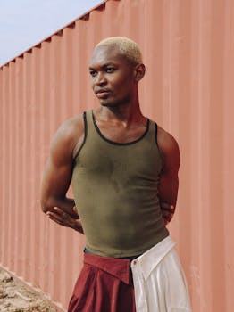 A fashionable young man poses confidently outdoors against a shipping container in Abuja, Nigeria.