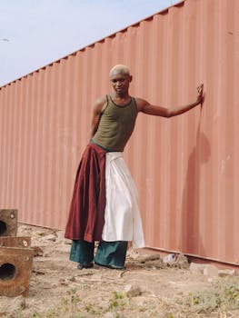 A fashionable person posing against a shipping container in Abuja, Nigeria.