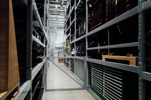 A detailed look at the interior of an industrial storage warehouse with metal shelves.