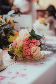 桌上美丽花束的特写，非常适合婚礼