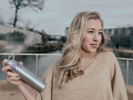 Blonde woman holding hair spray outdoors in Atlanta, Georgia, showcasing styling action.