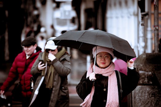 A candid street scene in Dublin, Ireland, featuring pedestrians in winter attire and umbrellas.