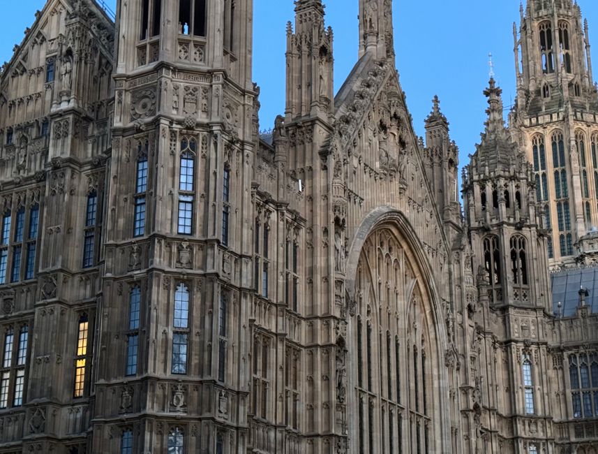 Close-up view of the intricate Gothic architecture of Westminster Palace in London.