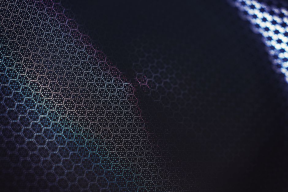 Futuristic abstract design with a dark geometric hexagonal pattern and creative color gradients.