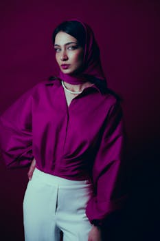 Stylish portrait of a woman in a magenta hijab and white trousers against a maroon background.