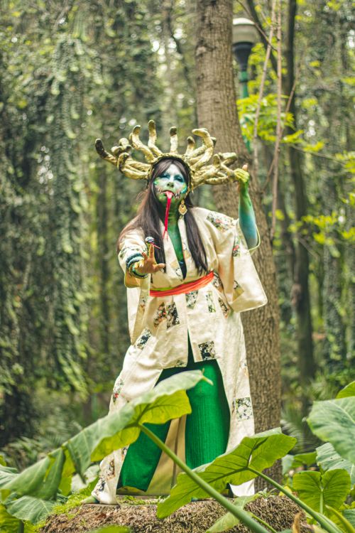 Free Fantasy cosplay character in nature with vibrant makeup and cultural attire. Stock Photo