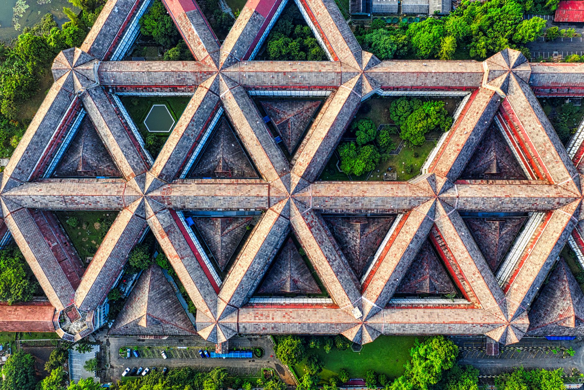 Aerial view of a bustling Korean university campus with students walking