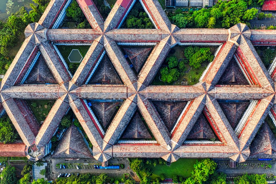 Intricate geometric aerial view of Bogor Agricultural University buildings in Jawa Barat, Indonesia.