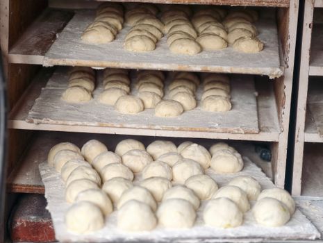 Close-up of raw bread dough proofing on shelves in a bakery setting.