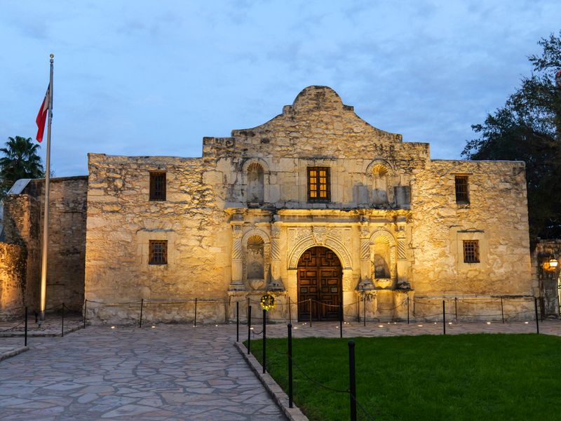 The historic Alamo mission in San Antonio, Texas, lit at dusk