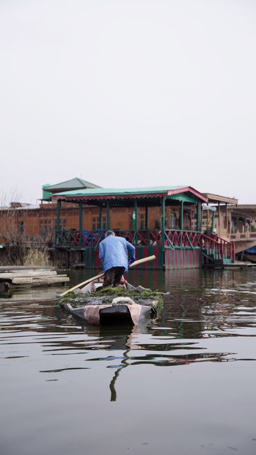 Free A serene scene of a man rowing a boat in a peaceful lake, with a wooden house in the background. Stock Photo