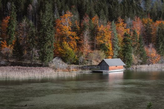 Peaceful autumn scene with a boathouse by a tranquil lake surrounded by vibrant fall foliage.