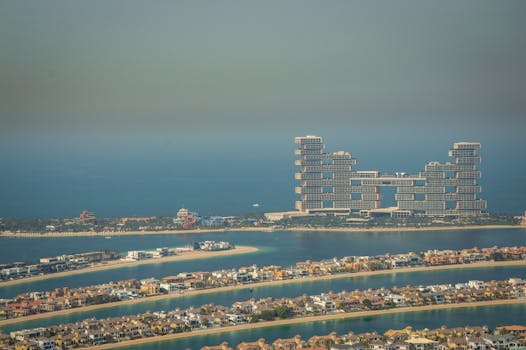 An aerial view of Atlantis The Royal luxury resort on Dubai's Palm Jumeirah with residential villas.