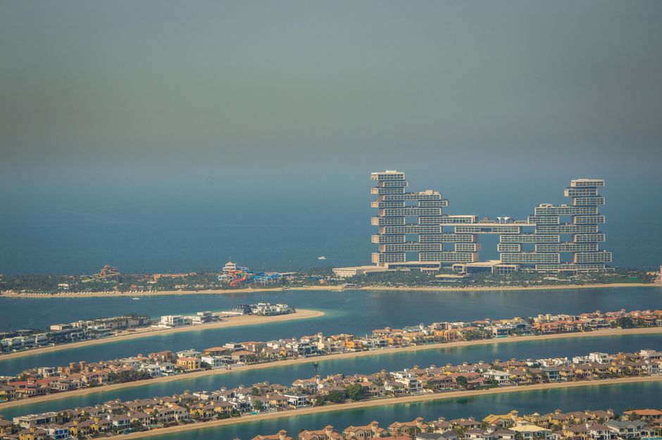 An aerial view of Atlantis The Royal luxury resort on Dubai's Palm Jumeirah with residential villas.