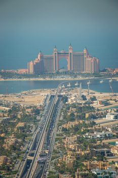 Stunning aerial view of Atlantis the Palm resort, a major architectural landmark in Dubai, UAE.