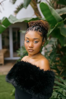 Elegant young woman in a black fur outfit poses stylishly in a tropical setting.