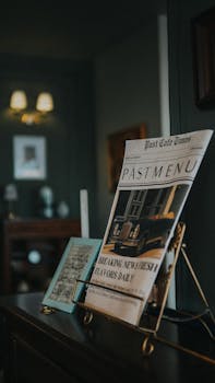 A vintage-style newspaper is artistically displayed in a cozy, dimly lit room, reminiscent of a classic café.
