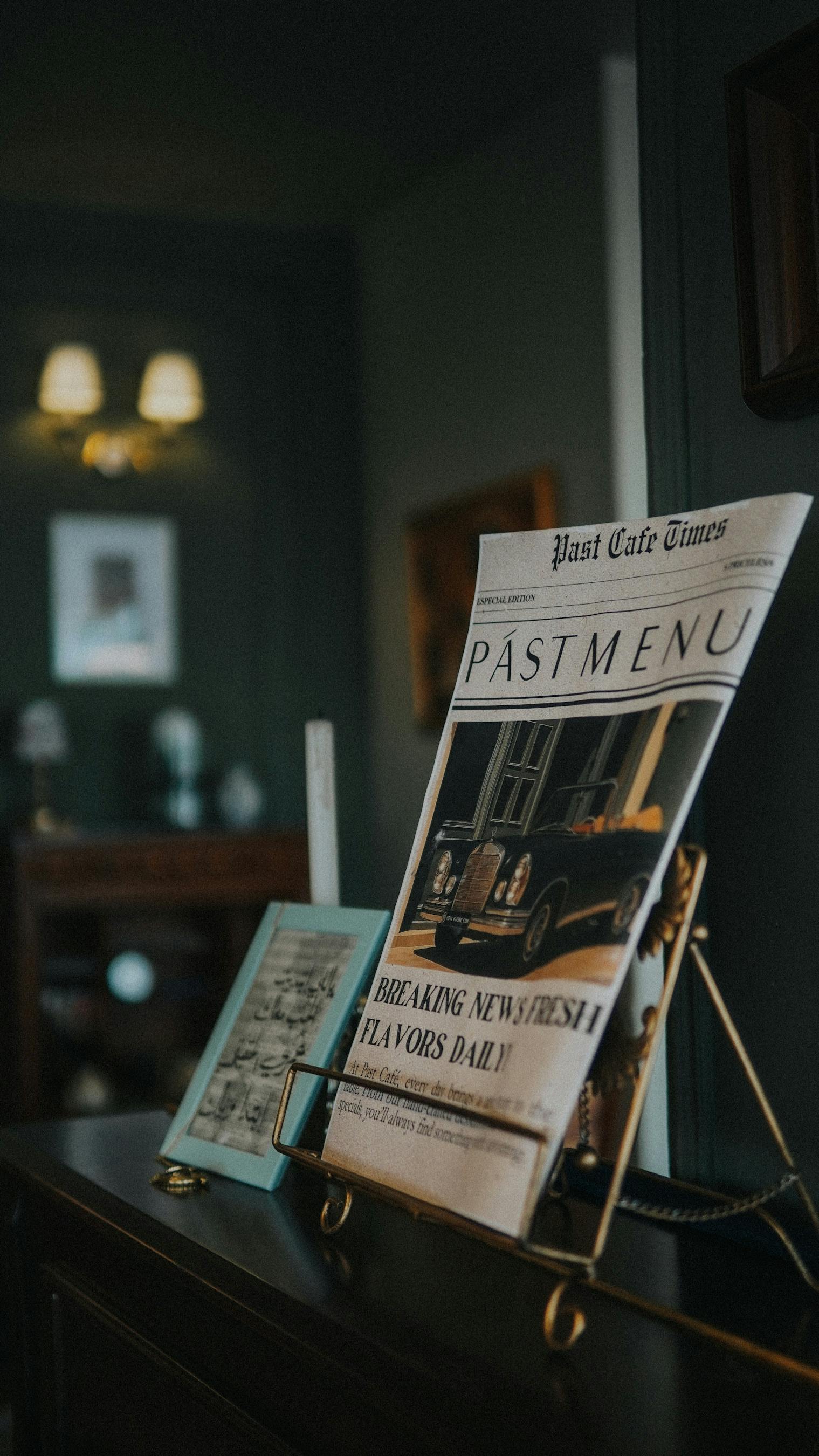 Free A vintage-style newspaper is artistically displayed in a cozy, dimly lit room, reminiscent of a classic café. Stock Photo