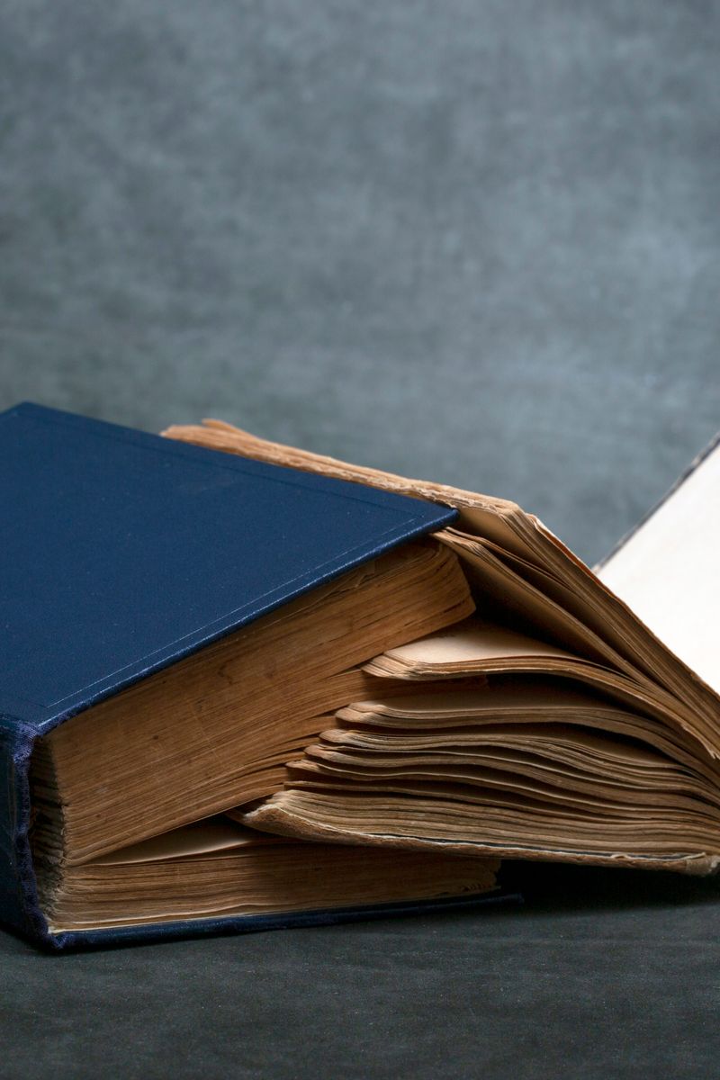 A worn-out vintage book with blue hardcover resting open on a dark surface, displaying aged pages. A worn-out vintage book with blue hardcover resting open on a dark surface, displaying aged pages.