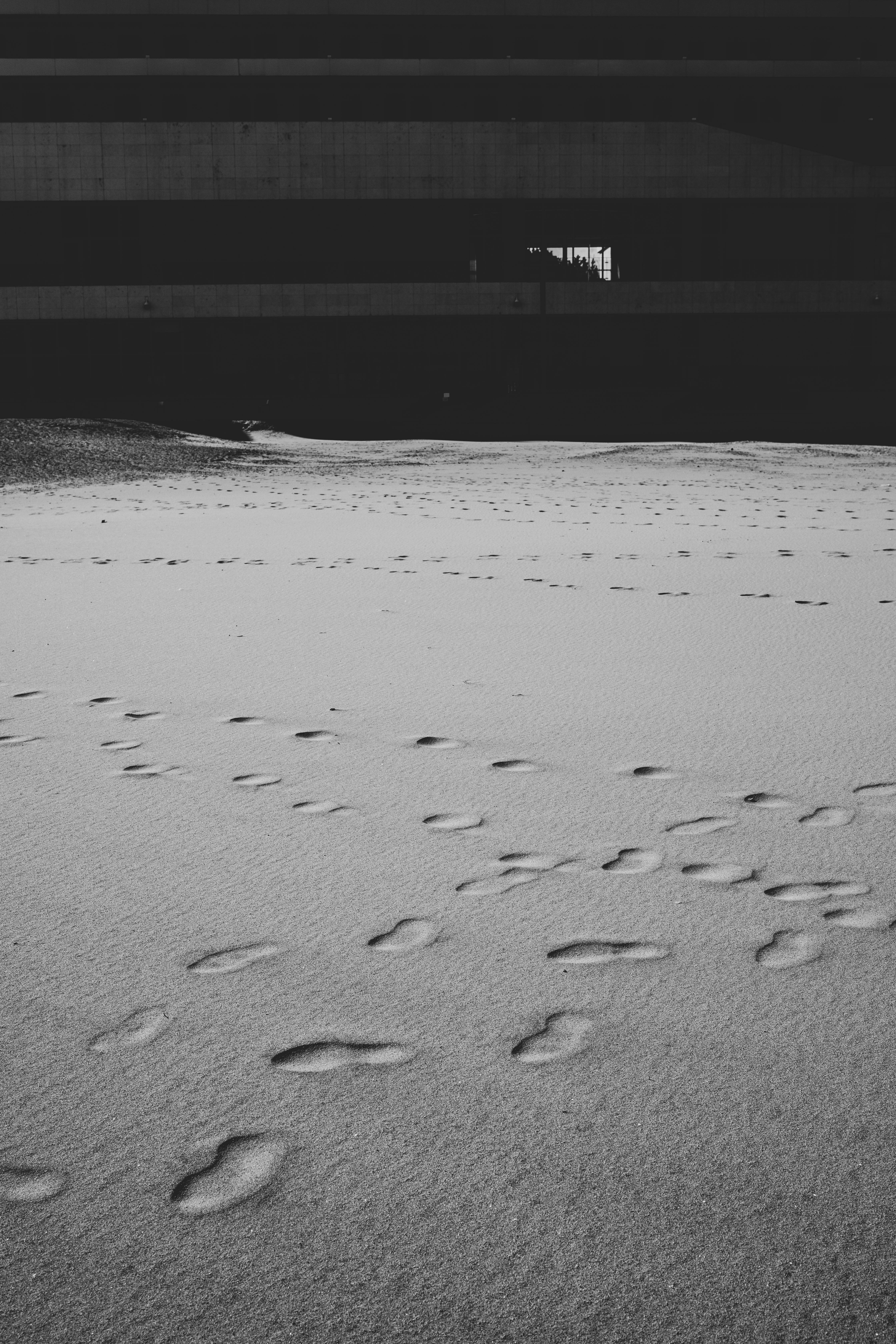 Miễn phí Ảnh đen trắng chụp dấu chân trên cát dẫn đến một tòa nhà. Ảnh lưu trữ