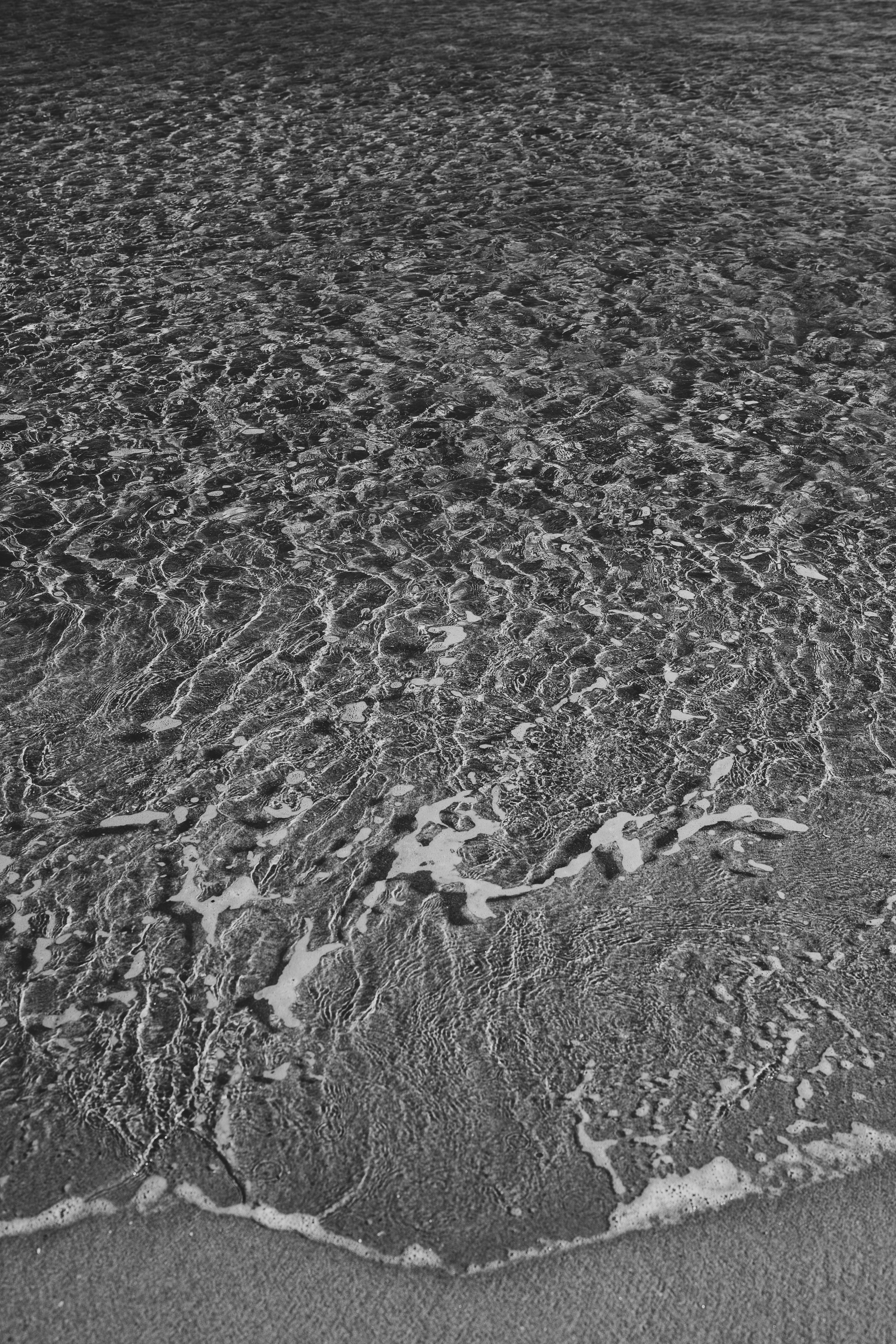 Gratuit Image paisible en noir et blanc de vagues océaniques caressant doucement le rivage sablonneux. Photos