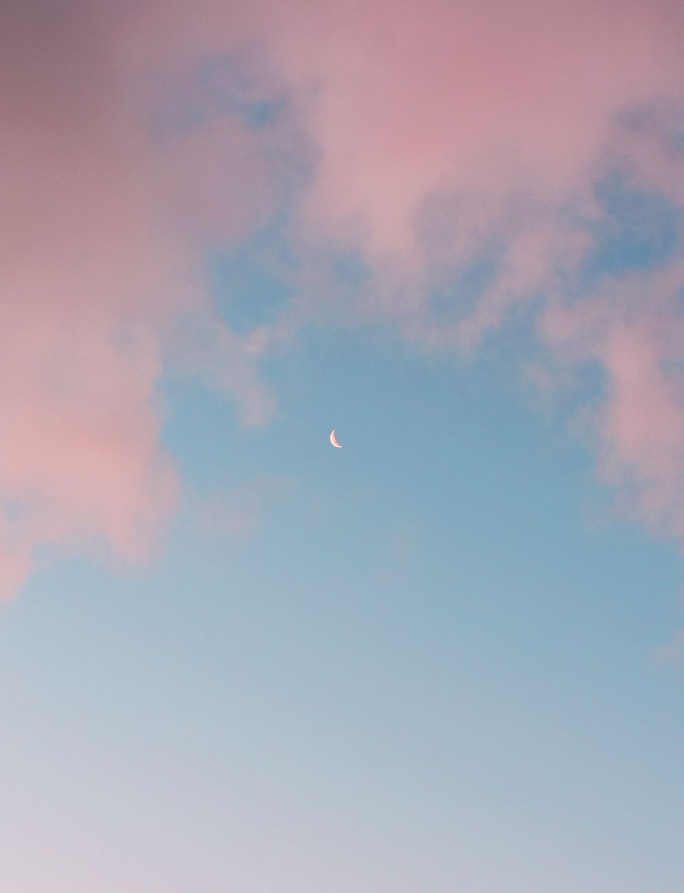 A beautiful sky with a crescent moon surrounded by pink clouds during sunset.