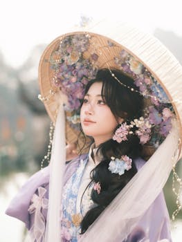 Elegant woman in traditional clothing with a floral hat outdoors in a serene setting.