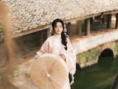 Elegant Woman in Traditional Dress Holding Parasol