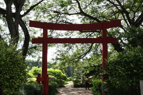 Free Photo of a red Torii gate in a lush Japanese garden with trees and pathway. Stock Photo